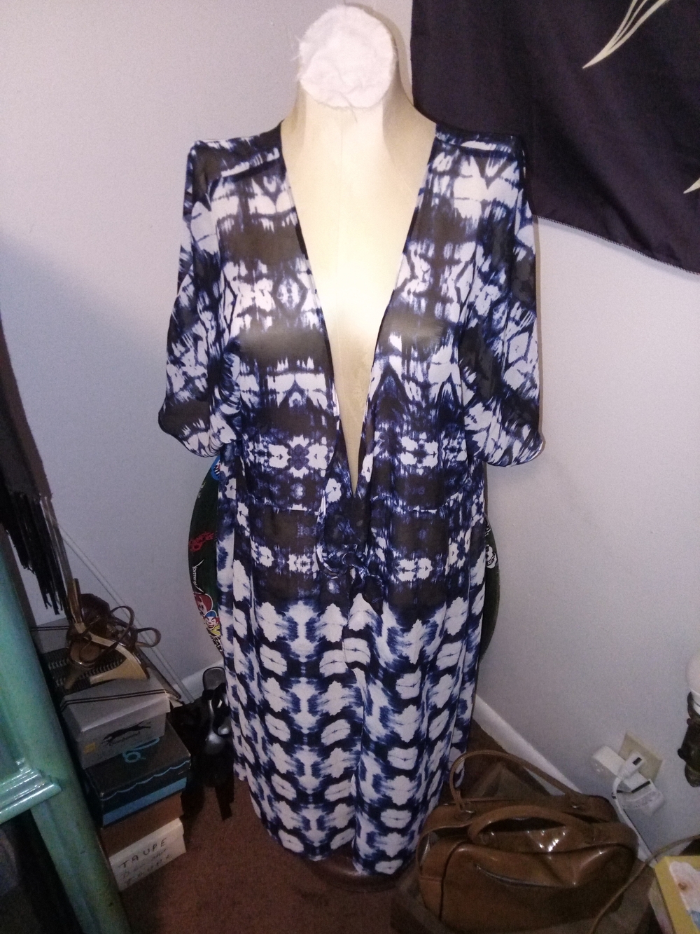 Source Unknown Navy and White Tie-Dye Swim Coverup with Front Tie